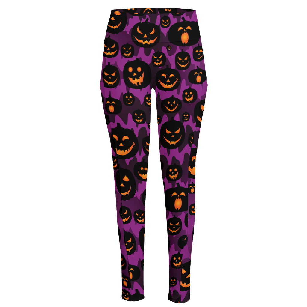 Halloween Pumpkin Smiley Faces Print High-Waisted Pocket Leggings