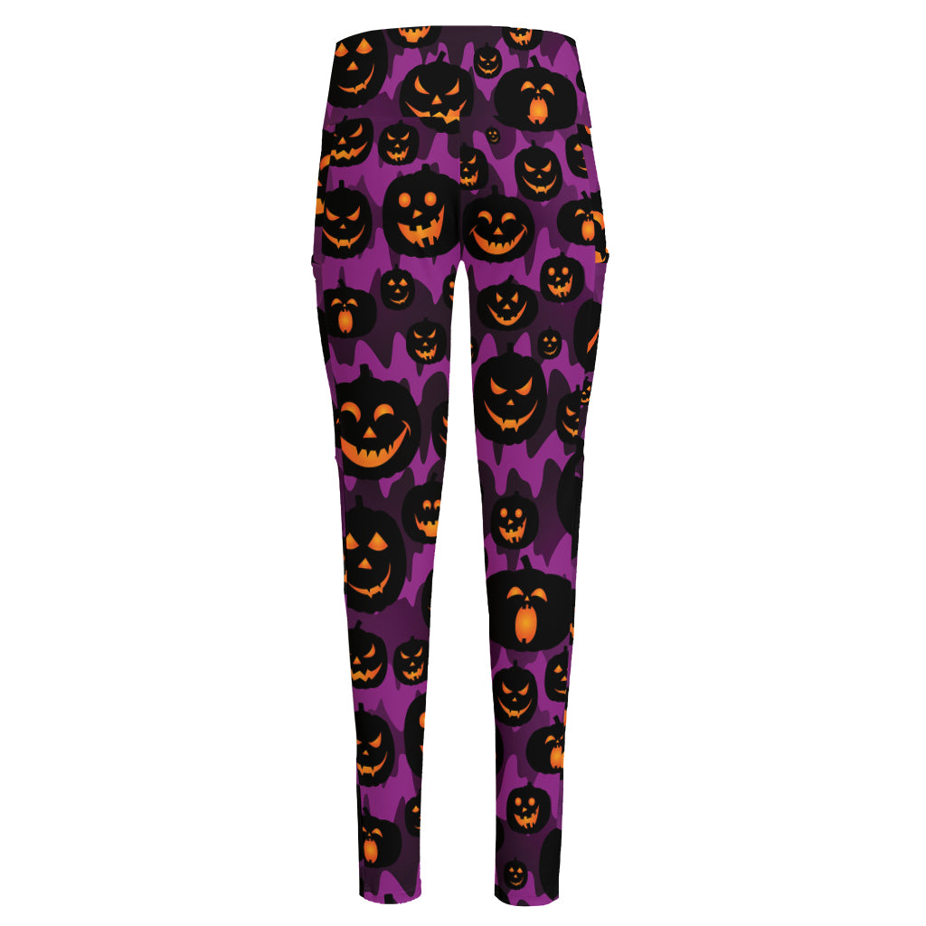 Halloween Pumpkin Smiley Faces Print High-Waisted Pocket Leggings