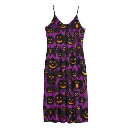 Halloween Pumpkin Smiley Faces Print Jersey Midi Cami Dress