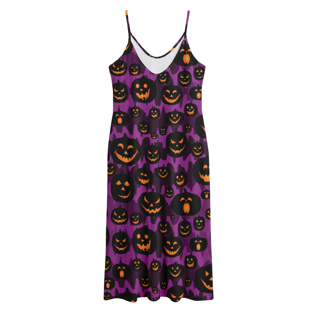 Halloween Pumpkin Smiley Faces Print Jersey Midi Cami Dress