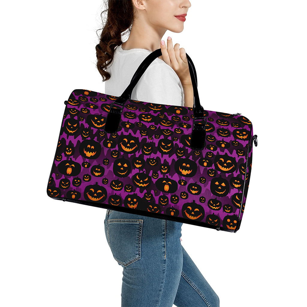 Halloween Pumpkin Smiley Faces Print Leather Duffle Bag