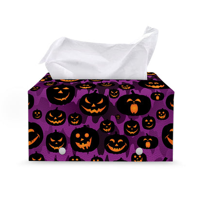 Halloween Pumpkin Smiley Faces Print Leather Tissue Box Cover