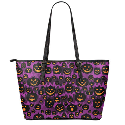Halloween Pumpkin Smiley Faces Print Leather Tote Bag
