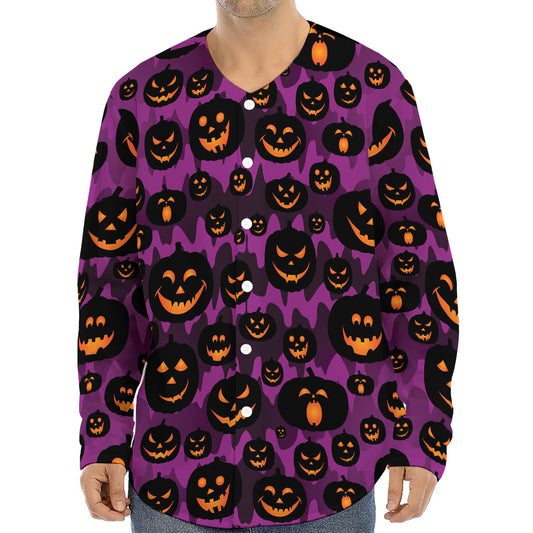 Halloween Pumpkin Smiley Faces Print Long Sleeve Baseball Jersey