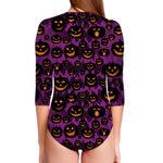 Halloween Pumpkin Smiley Faces Print Long Sleeve Swimsuit