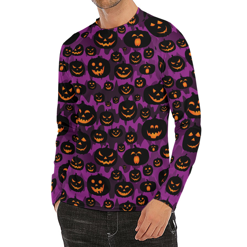 Halloween Pumpkin Smiley Faces Print Men's Long Sleeve Rash Guard