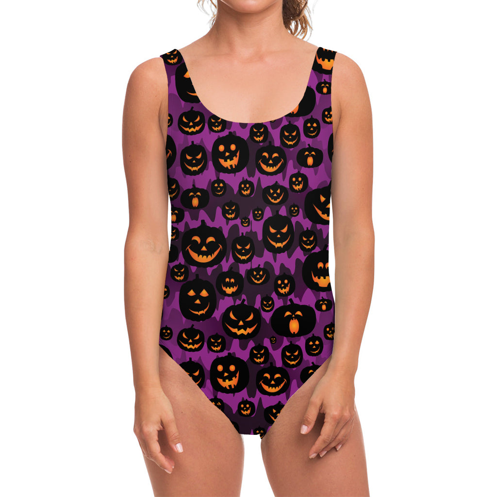 Halloween Pumpkin Smiley Faces Print One Piece Swimsuit