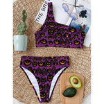 Halloween Pumpkin Smiley Faces Print One Shoulder Bikini Top
