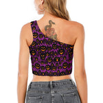 Halloween Pumpkin Smiley Faces Print One Shoulder Crop Top