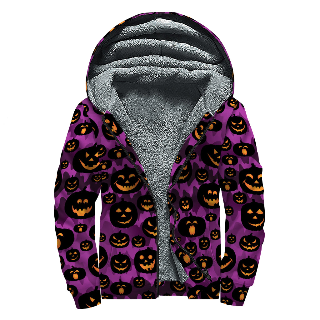 Halloween Pumpkin Smiley Faces Print Sherpa Lined Zip Up Hoodie