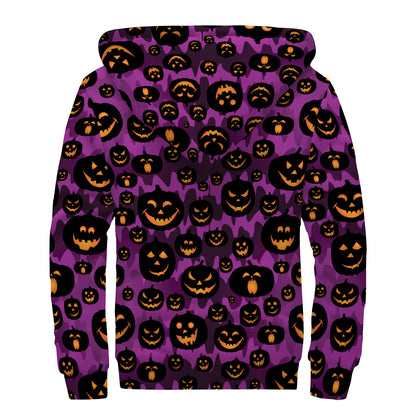 Halloween Pumpkin Smiley Faces Print Sherpa Lined Zip Up Hoodie