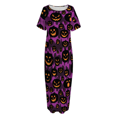 Halloween Pumpkin Smiley Faces Print Short Sleeve Long Nightdress