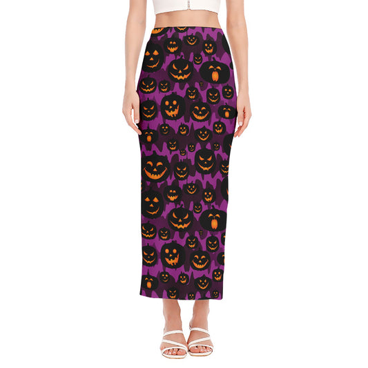 Halloween Pumpkin Smiley Faces Print Side Slit Maxi Skirt