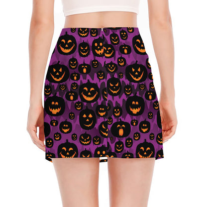 Halloween Pumpkin Smiley Faces Print Side Slit Mini Skirt