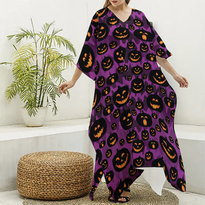 Halloween Pumpkin Smiley Faces Print Silk V-Neck Kaftan Dress