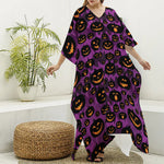 Halloween Pumpkin Smiley Faces Print Silk V-Neck Kaftan Dress
