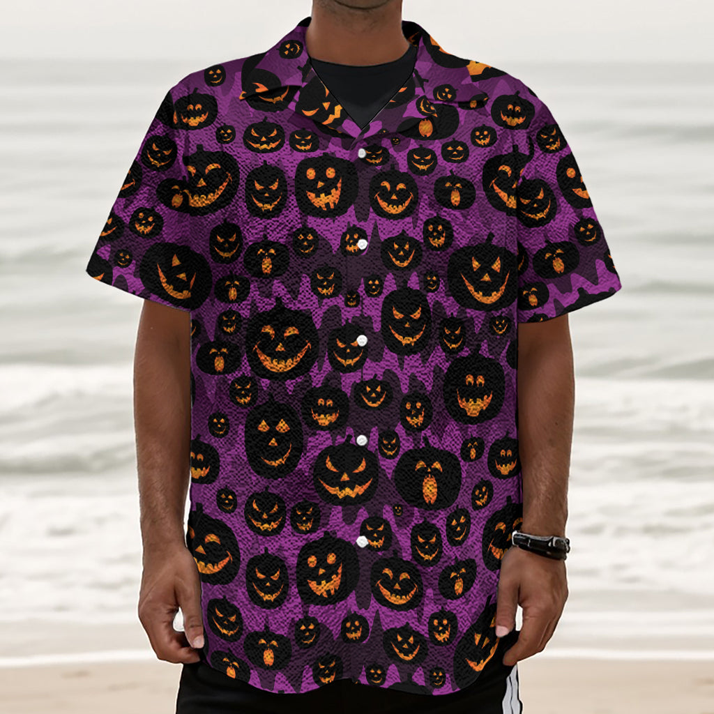 Halloween Pumpkin Smiley Faces Print Textured Short Sleeve Shirt