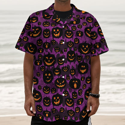 Halloween Pumpkin Smiley Faces Print Textured Short Sleeve Shirt