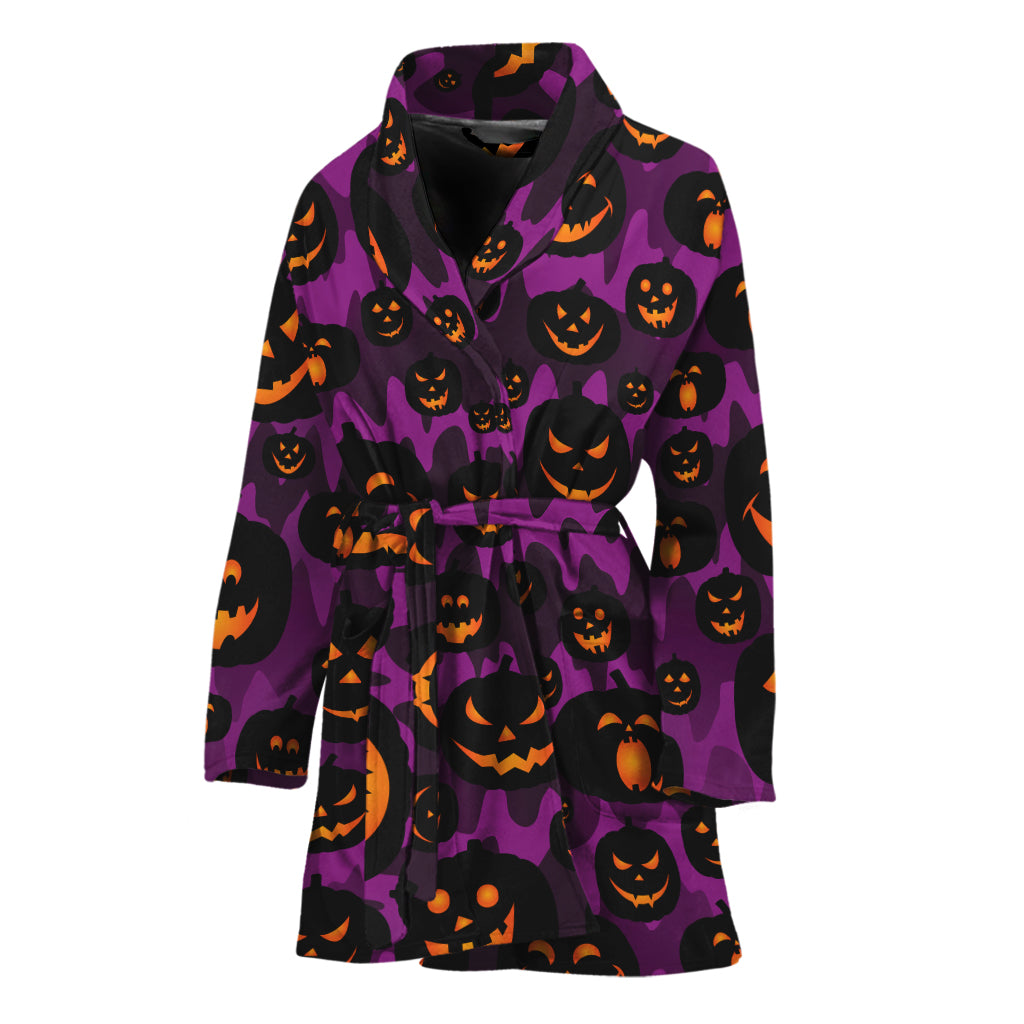 Halloween Pumpkin Smiley Faces Print Women's Bathrobe