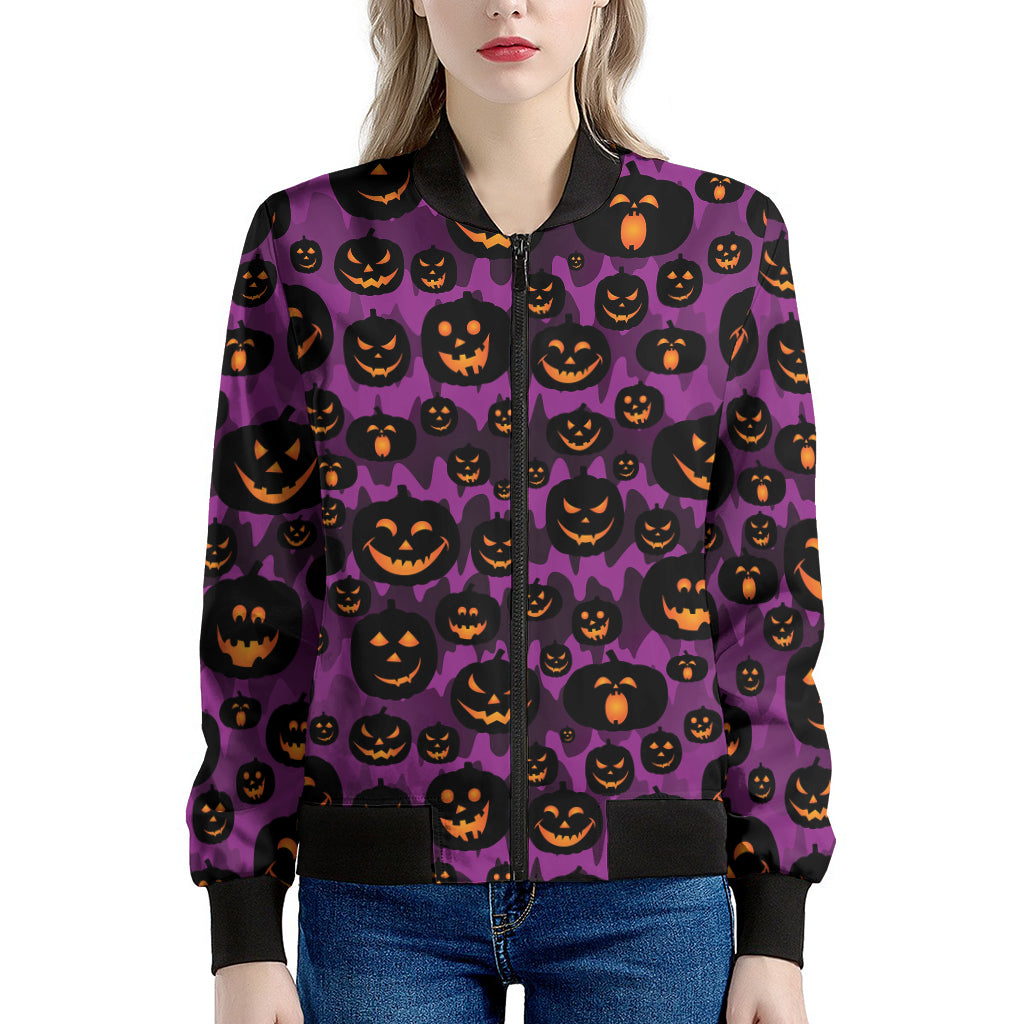 Halloween Pumpkin Smiley Faces Print Women's Bomber Jacket