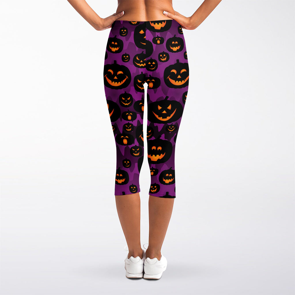 Halloween Pumpkin Smiley Faces Print Women's Capri Leggings