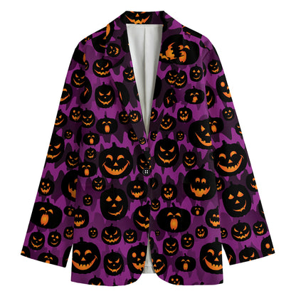 Halloween Pumpkin Smiley Faces Print Women's Cotton Blazer