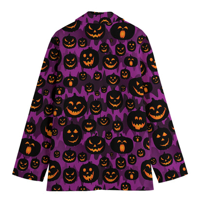 Halloween Pumpkin Smiley Faces Print Women's Cotton Blazer