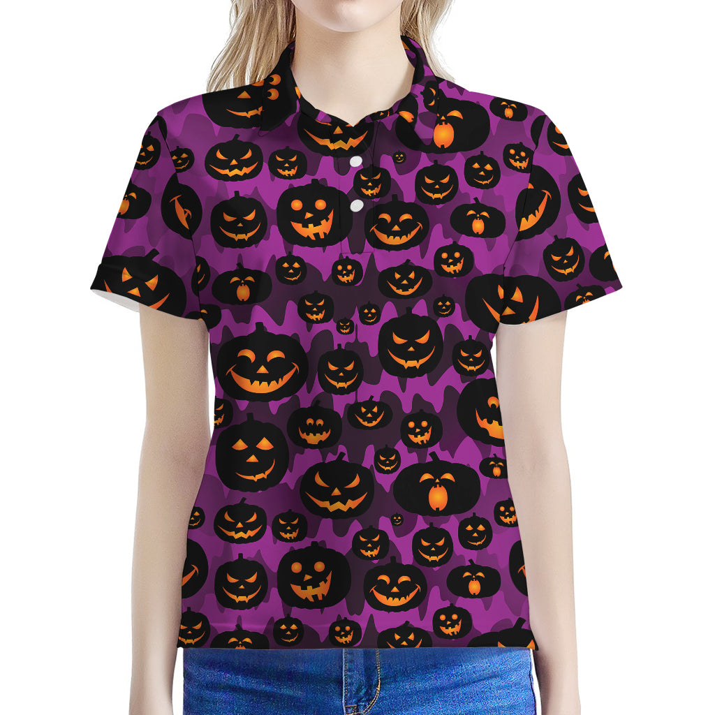 Halloween Pumpkin Smiley Faces Print Women's Polo Shirt
