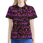 Halloween Pumpkin Smiley Faces Print Women's Polo Shirt