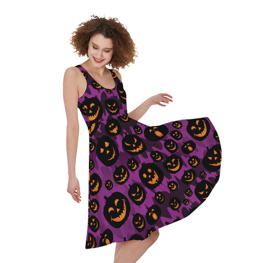 Halloween Pumpkin Smiley Faces Print Women's Sleeveless Dress