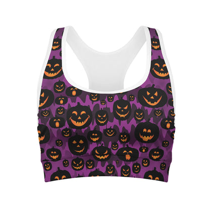 Halloween Pumpkin Smiley Faces Print Women's Sports Bra