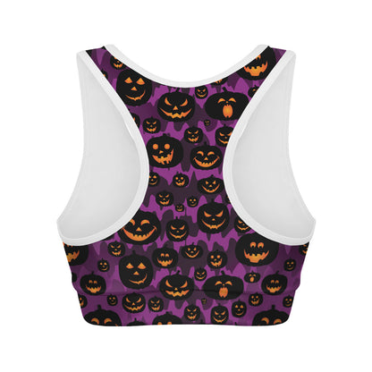 Halloween Pumpkin Smiley Faces Print Women's Sports Bra