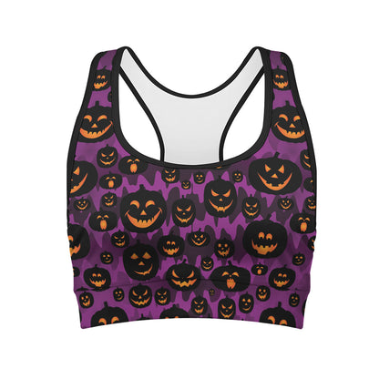 Halloween Pumpkin Smiley Faces Print Women's Sports Bra