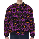 Halloween Pumpkin Smiley Faces Print Zip Sleeve Bomber Jacket