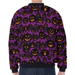 Halloween Pumpkin Smiley Faces Print Zip Sleeve Bomber Jacket