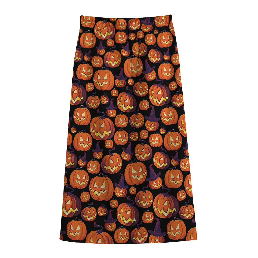 Halloween Pumpkin Witch Pattern Print Cotton Front Slit Maxi Skirt