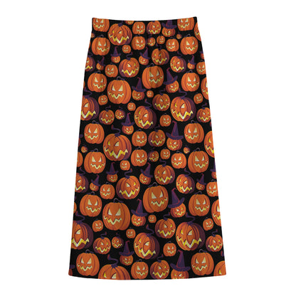 Halloween Pumpkin Witch Pattern Print Cotton Front Slit Maxi Skirt