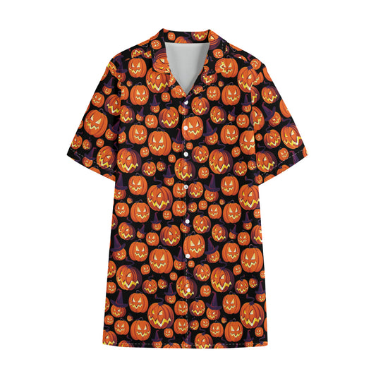 Halloween Pumpkin Witch Pattern Print Cotton Hawaiian Shirt