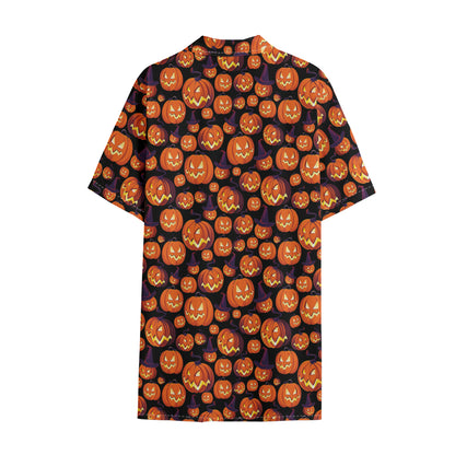 Halloween Pumpkin Witch Pattern Print Cotton Hawaiian Shirt