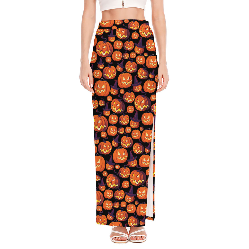 Halloween Pumpkin Witch Pattern Print High Slit Maxi Skirt
