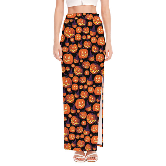 Halloween Pumpkin Witch Pattern Print High Slit Maxi Skirt