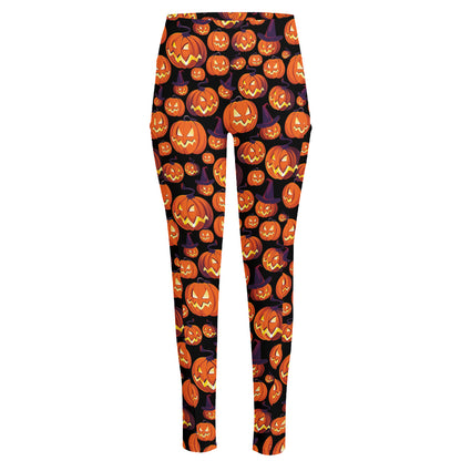 Halloween Pumpkin Witch Pattern Print High-Waisted Pocket Leggings