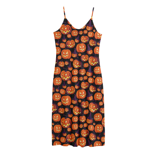 Halloween Pumpkin Witch Pattern Print Jersey Midi Cami Dress