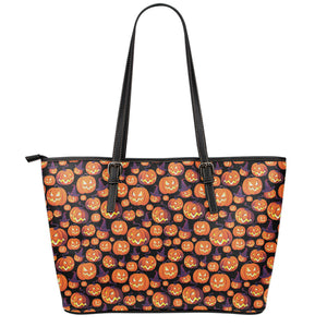 Halloween Pumpkin Witch Pattern Print Leather Tote Bag