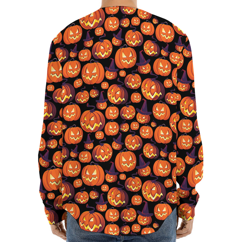 Halloween Pumpkin Witch Pattern Print Long Sleeve Baseball Jersey