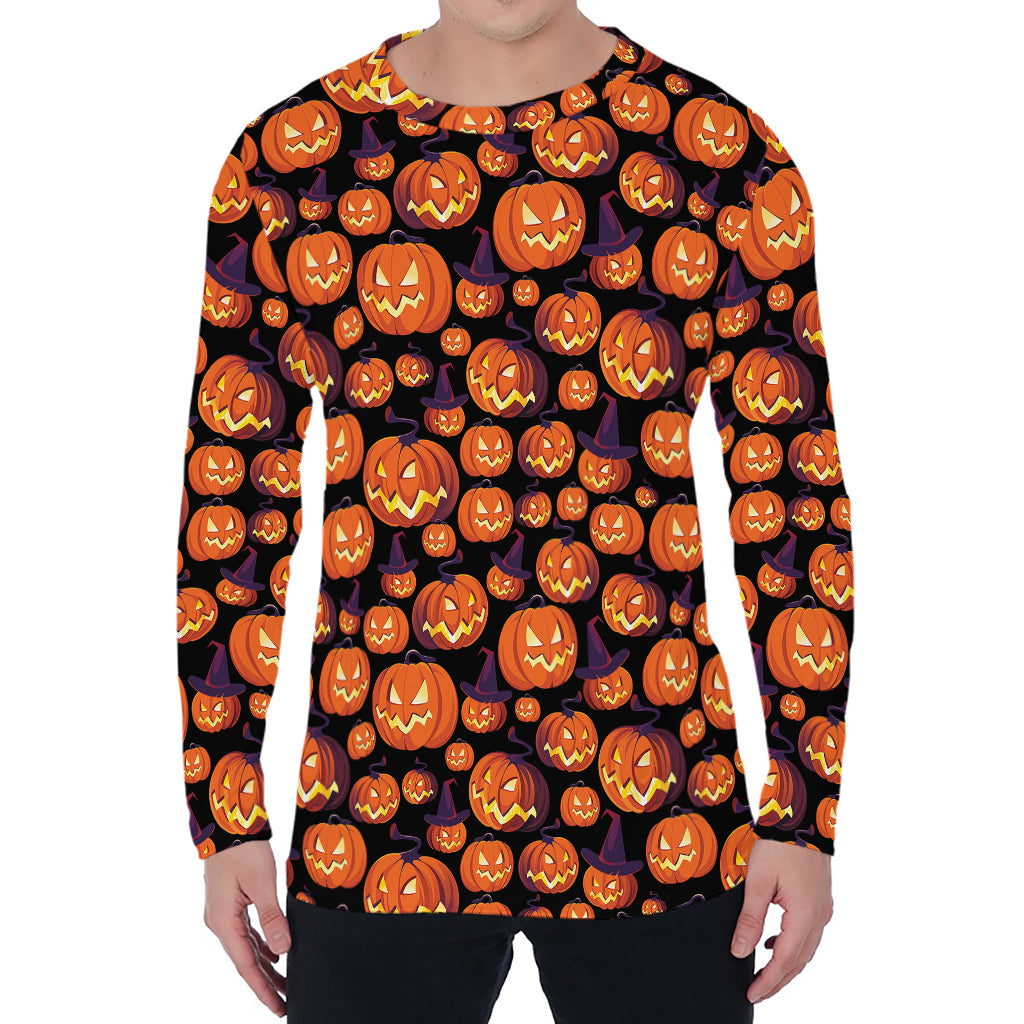 Halloween Pumpkin Witch Pattern Print Men's Long Sleeve T-Shirt
