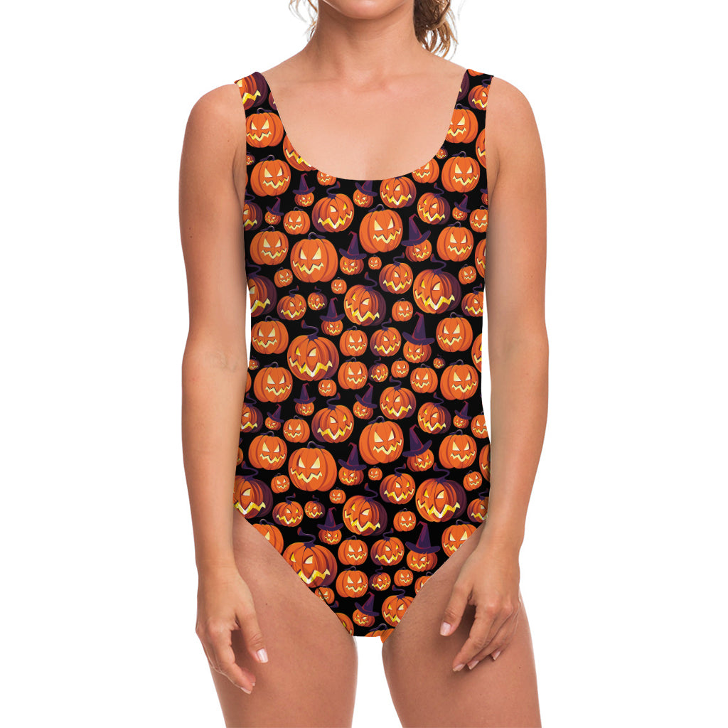 Halloween Pumpkin Witch Pattern Print One Piece Swimsuit