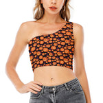 Halloween Pumpkin Witch Pattern Print One Shoulder Crop Top