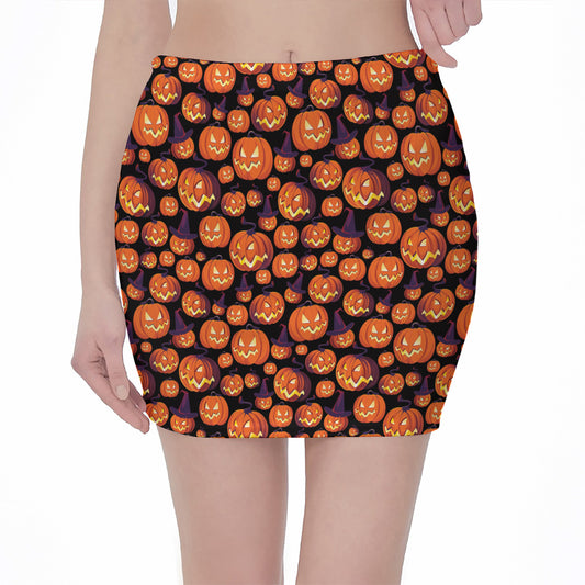 Halloween Pumpkin Witch Pattern Print Pencil Mini Skirt