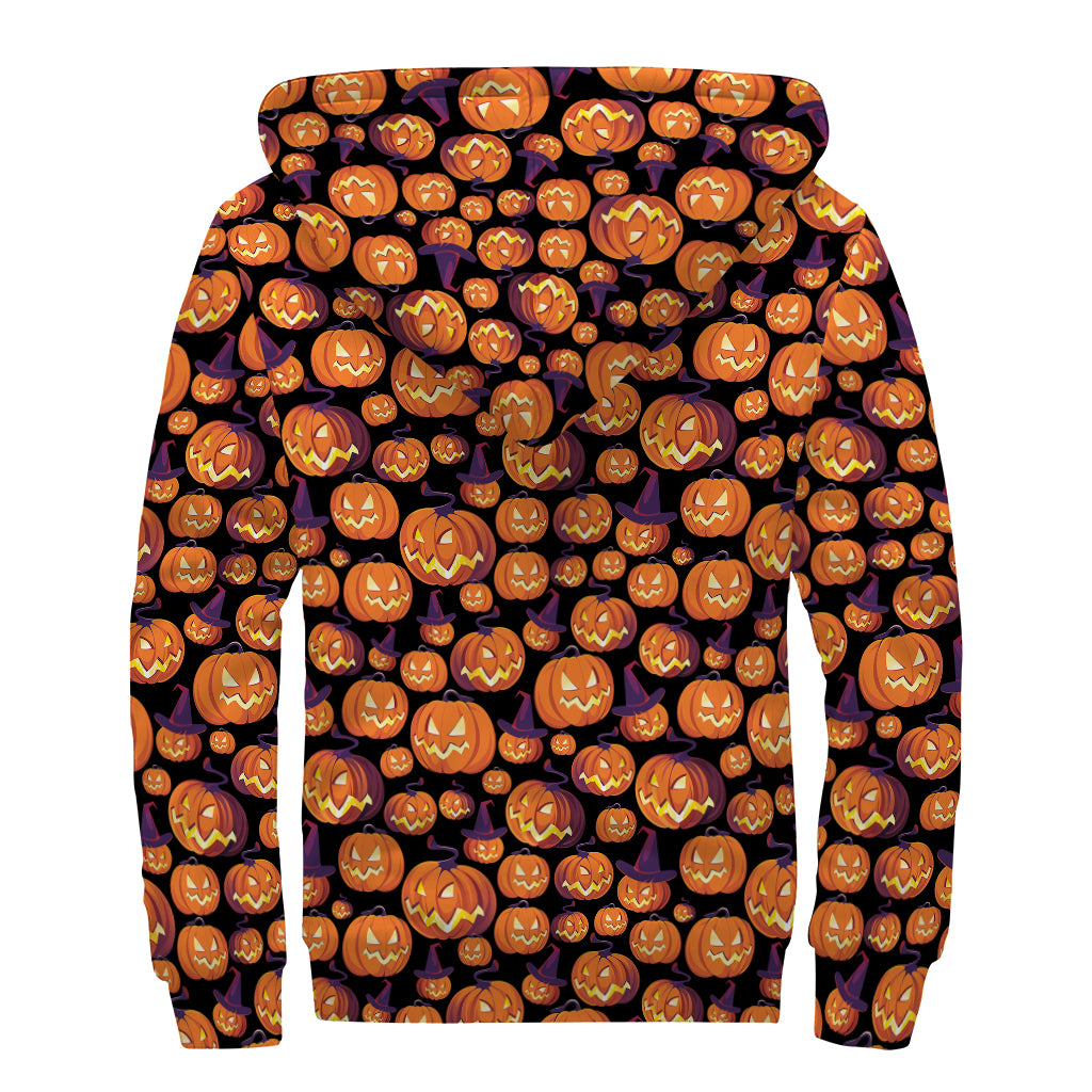 Halloween Pumpkin Witch Pattern Print Sherpa Lined Zip Up Hoodie